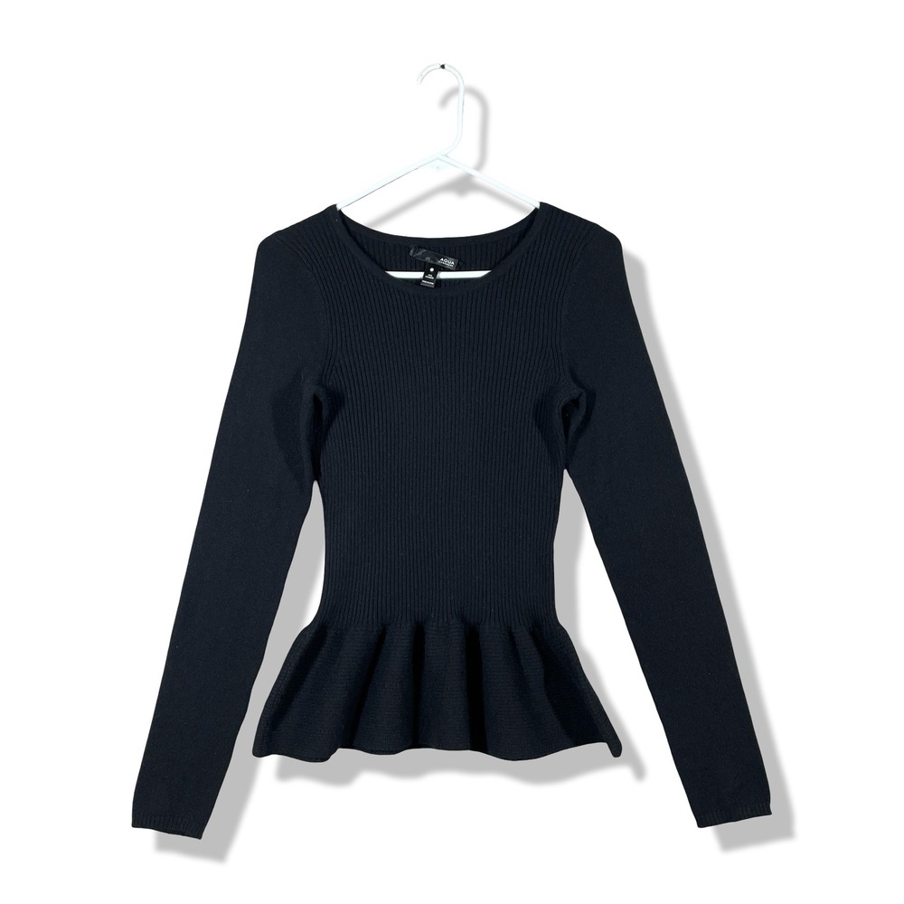 Aqua Cashmere Peplum Sweater Womens Medium Black Ribbed Knit Minimalist Luxury